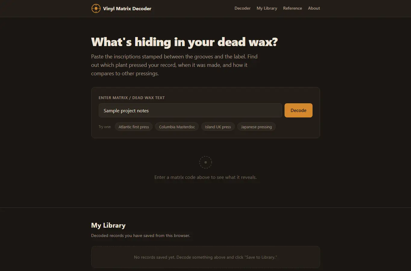 Screenshot of Vinyl Matrix Decoder interface showing the project page in use